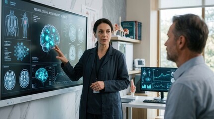 Fototapeta premium Medical Professionals Analyzing Neurological Data On Large Interactive Display