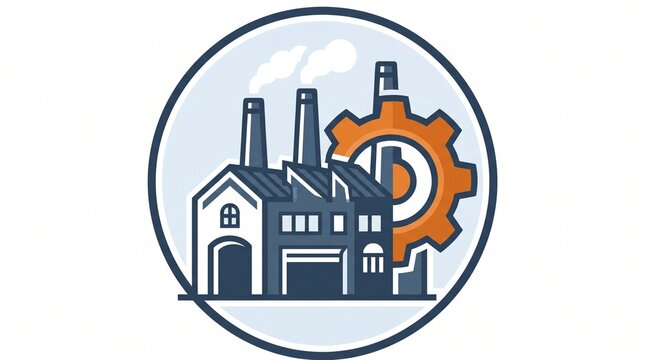 Factory building with smokestacks and gear wheel symbolizes industry and production.