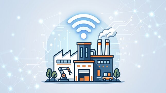 Modern factory with robotic arm and wifi symbol represents smart manufacturing.