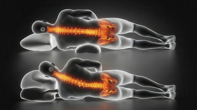 Medical illustration of a person sleeping on anatomical pillows, showing the spine and pelvis highlighted in glowing orange, demonstrating proper spinal alignment and ergonomic sleeping posture.