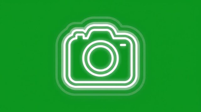 Neon camera icon glowing line art a bright white style animation of a photo against a green