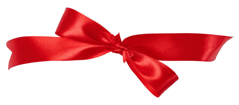Red satin bow made of a wide ribbon, a bright festive element of decor and gift wrapping