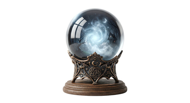 Magical crystal ball with a glowing galaxy inside sitting on an ornate wooden stand for fortune telling and magic isolated on transparent background