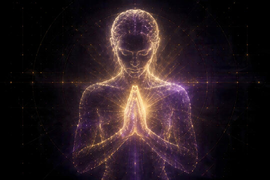 Glowing human silhouette with cosmic energy flow.