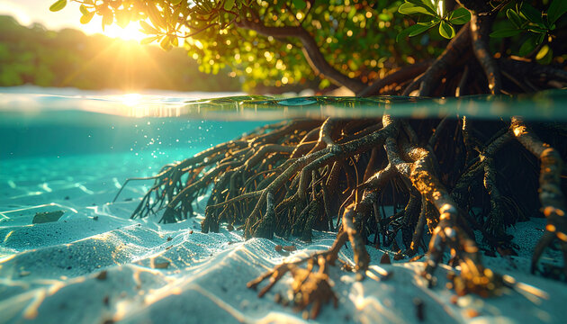 Mangrove Roots in Crystal Clear Water: Sunlight pierces the surface, illuminating the intricate mangrove roots submerged in pristine turquoise water.