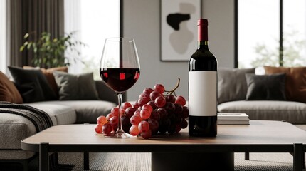 Obraz premium Red wine bottle, glass with fresh grapes on wooden coffee table. Modern living room interior with sofa, plants in background. Elegant lifestyle setting for relaxation, evening leisure at home.