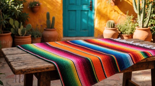 Brightly colored Mexican serape draped over rustic wooden table. Potted cacti and yellow wall in background. Outdoor courtyard setting suggests warmth and hospitality, inviting relaxation.