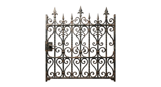 Decorative vintage iron gate with ornate metal patterns and classic architectural style for garden or home entrance isolated on transparent background