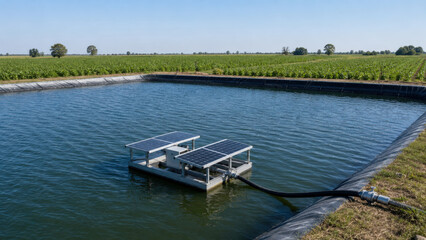 Naklejka premium Rainwater Irrigation Reservoir with Floating Solar Powered Pump