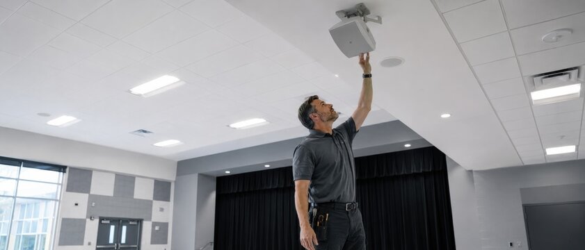 Technician installs ceiling mounted speaker in a modern school auditorium or gymnasium