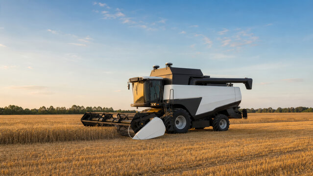 Autonomous Wheat Combine Harvester Working across Golden Agricultural Field