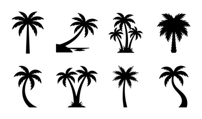 Naklejka premium Tropical Palm Tree Silhouettes Vector Icons, Beach Vacation & Summer Holiday Elements, Island Paradise Nature Graphics