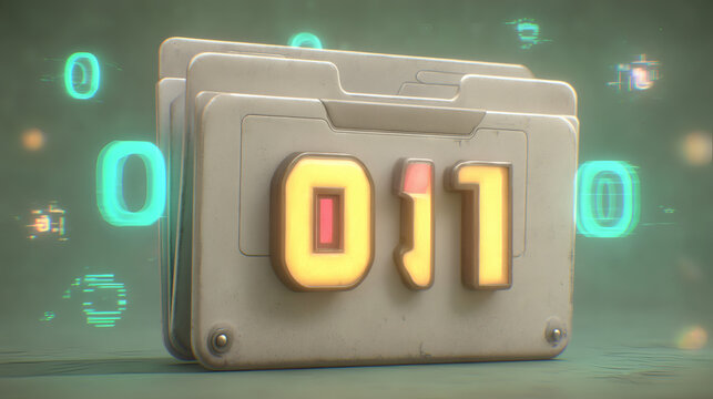 digital painting of a metallic folder icon displaying a glowing binary interface. Floating holographic bits and fluctuating data lines surround the device. Electric blue light streaks wrap around 