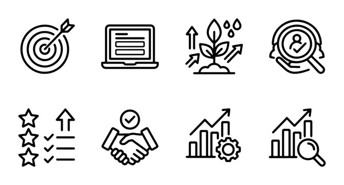 Business Growth Icons: Target, Laptop, Plant, HR, Stars, Handshake, Analytics Charts