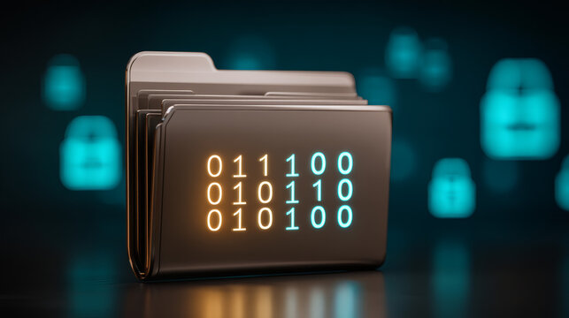 digital painting of a metallic folder icon displaying a glowing binary interface. Floating holographic bits and fluctuating data lines surround the device. Electric blue light streaks wrap around 
