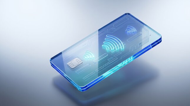 Transparent glass credit card with glowing blue nfc contactless