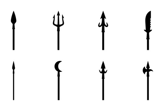 Ancient Weapon Silhouettes: Spear, Trident, Halberd, Sword Icons for Historical Design & Gaming