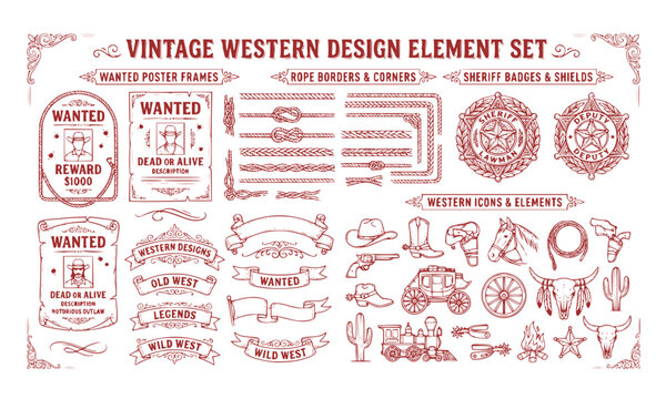 Vintage western design element set with wanted poster and banners