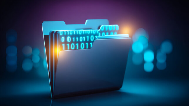 macro illustration of a digital data terminal. A glowing silver folder is visible as blue binary digits and data points emerge as holograms from within. Subtle lens flares and a shallow depth 