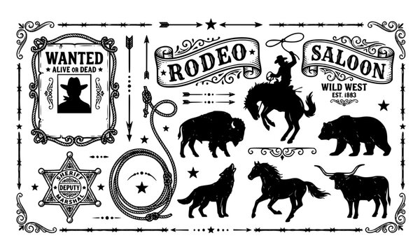 Vintage western design element set with wanted poster and banners