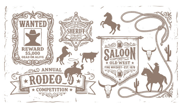 Vintage western design element set with wanted poster and banners