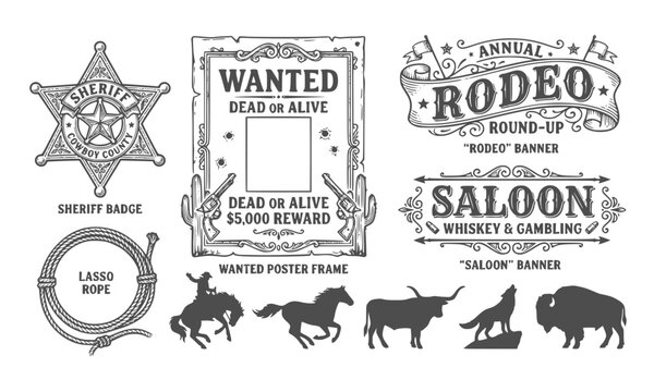 Vintage western design element set with wanted poster and banners