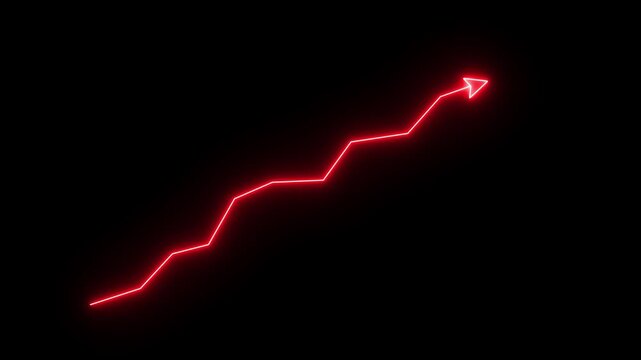 Market Recovery Concept. Successful growth trend red line graph going Up. Abstract neon glowing line arrow business graph on black background.