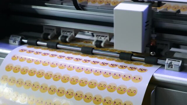 Large-format printer moves across colorful patterned fabric. Print head advances steadily, depositing vivid hues onto material. Pattern repeats geometrically