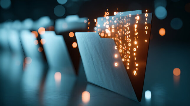 detail photorealistic image of open folder with flowing data streams entering and binary code rising above, floating charts and particles create dynamic digital ecosystem, warm and cool light 