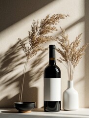 Obraz premium Empty wine bottle mockup with dry grass and minimalist vase sits on textured wall shelf. Natural light casts shadows creating modern home decor aesthetic. Perfect for branding and design.