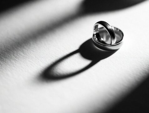 Two silver wedding bands rest on textured paper casting long abstract shadows. Minimalist composition evokes timeless love commitment symbol eternity union precious metal.