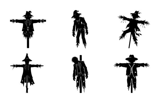 Scarecrow Silhouettes Vector Icons, Spooky Halloween Characters, Autumn Harvest Decorations, Rural Farm Garden Elements