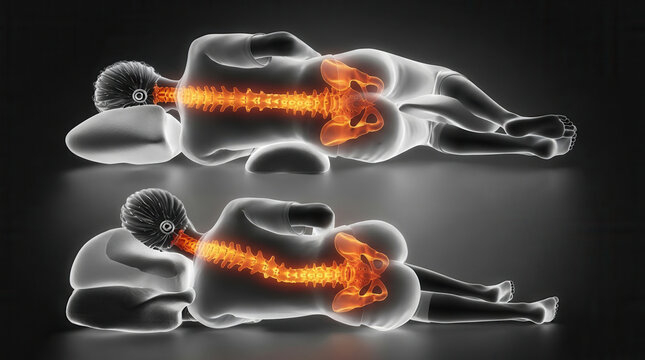 Medical illustration of a person sleeping on anatomical pillows, showing the spine and pelvis highlighted in glowing orange, demonstrating proper spinal alignment and ergonomic sleeping posture.