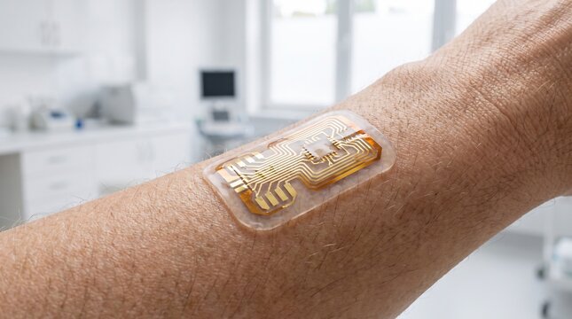 Premium Macro Photo of Non-Invasive Smart Bio-Sensor Patch on Patient Arm in Clinical Setting