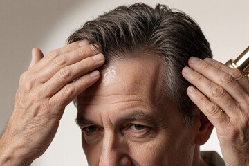 Fototapeta premium Middle aged man applies hair serum to scalp for treatment. Mature male uses cosmetic lotion to prevent hair loss, alopecia. Person cares for thinning grey hair in bathroom. Skin care routine for