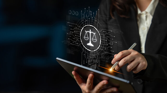 Futuristic digital law interface displaying justice scale, highlighting digital law, AI compliance, digital law systems, and digital law regulations for secure governance. Spline