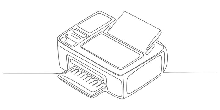Continuous single line drawing of an office printer machine for scanning and copying documents in a clean simple minimalist style for creative business art Vector, illustration