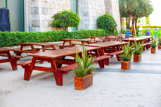Wooden picnic tables and benches set up on an outdoor paved terrace with potted plants. Outdoor cafe and patio dining area.