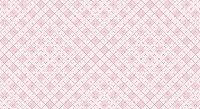 Soft pink argyle pattern with intersecting dashed lines and geometric diamond shapes, seamless textile background texture