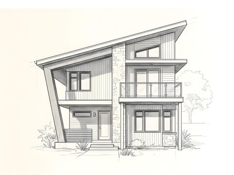 Architectural sketch of a modern twostory house with a slanted roof