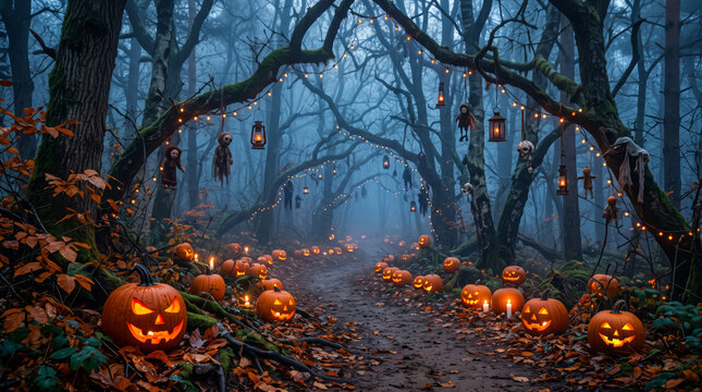 Creepy Halloween woodland forest area filled with blue fog, pumpkins along the trail and hanging branches with subtle lights creating a haunting seasonal atmosphere