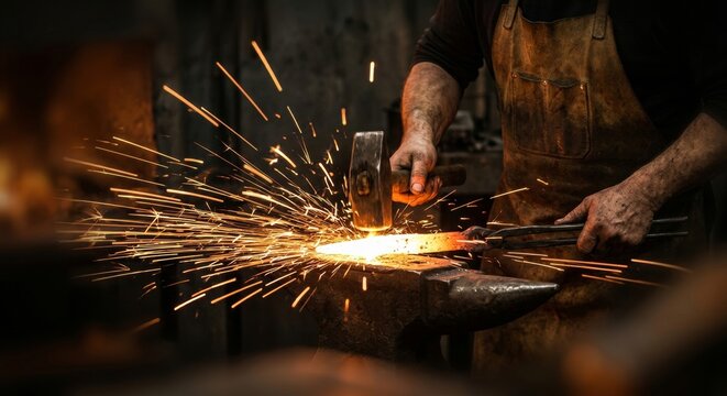 Professional blacksmith forging red hot steel on an anvil