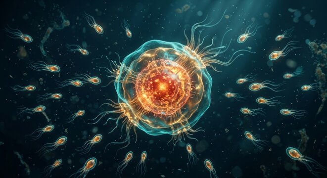 Microscopic view of bioluminescent bacteria and cellular structures