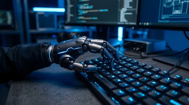 Robotic cyborg hand typing on computer keyboard in dark futuristic workspace environment.
