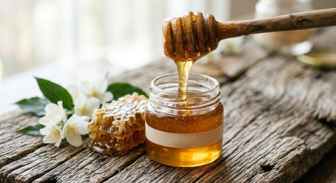 Pure organic clover honey with fresh honeycomb and flowers