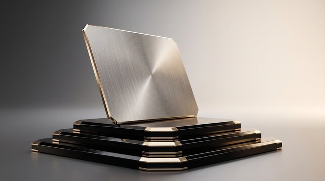Brushed titanium metal card standing on a layered black obsidian base