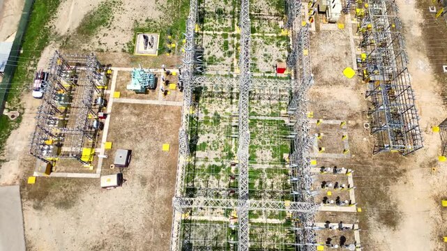 Aerial view of an electric power substation infrastructure