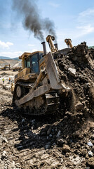 Fototapeta premium Bulldozer sur chantier boueux avec fumée noire