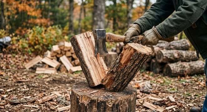 Splitting logs for firewood in a scenic autumn forest