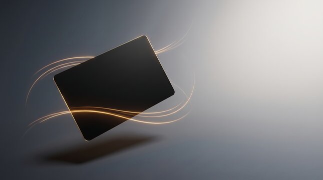 Floating blank black credit card with glowing orange light streaks